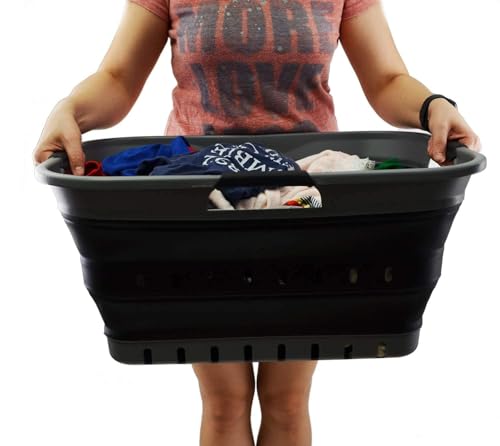 Image of SAMMART 42L Collapsible Plastic Laundry Basket - Foldable Pop Up Storage Container /Organizer - Space Saving Hamper /Basket (1, Grey /Black)