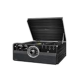 Raveo Vitrola Vanguard Ebony com Toca discos de 3 velocidades, Rádio FM, CD e Cassete players, USB (reproduz e grava), entrada e saída auxiliares e tecnologia de conexão Bluetooth, Grande