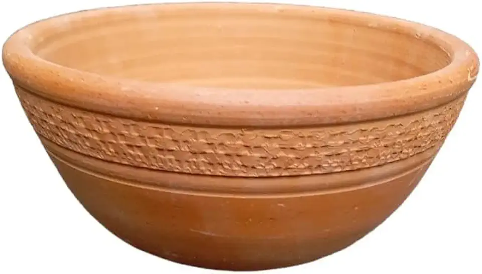 Vaso Quintal De Casa Bacia Trabalhada M, Cerâmica Terracota, 29cm x 13cm, com Furo de Drenagem