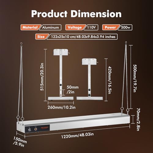 Hiteemer 48 Inch Food Heat Lamp Strip Commercial Food Heating Warmer Lights Hanging Overhead Stainless Steel with Cord for Food Restaurant Buffet Catering Kitchen 1200W/110V