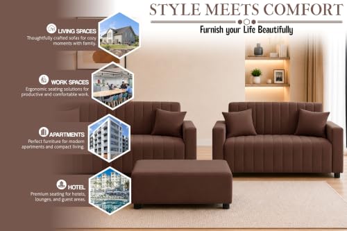 Image of Rosebell 3+2 Fabric Sofa Set with Ottoman | Premium Upholstery 5 Seater Sofa | with Printed Cushions | Living Room Furniture | - Brown Color