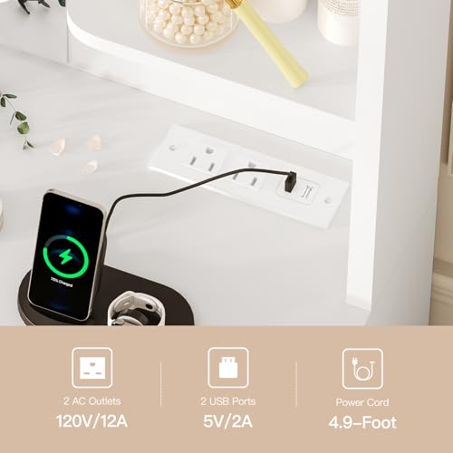 Image of FIONESO Large Vanity Desk with LED Lighted Mirror & Power Outlet, Makeup Vanity Table with 7 Drawers,4 Shelves and 5 Hooks, White Vanity for Bedroom, Bathroom