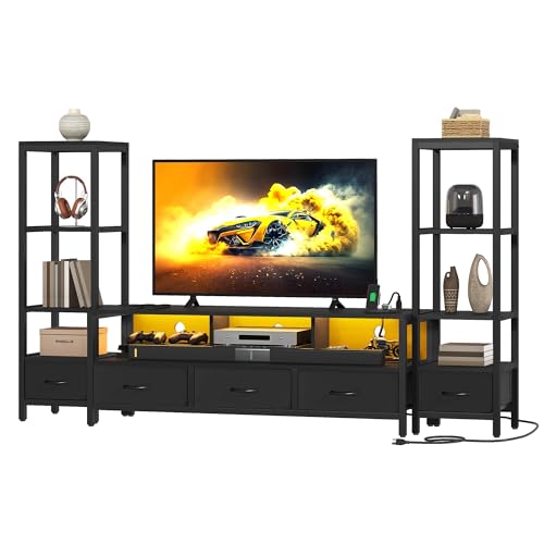 DWVO Entertainment Center with Bookshelves, LED TV Stand for 65/60 inch TV, Black TV Stand for Living Room with 2 Modern 4-Tier Bookshelves & Power Outlets, Black