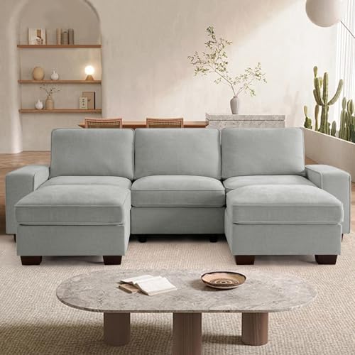 Image of TEKAMON 100 inch inch Modular Sectional Sofa with Seats Storage, U Shaped Couch with Movable Ottomans, Chenille Fabric Couch for Living Room, Removable Cover (LightGrey, 3 Seater & 2 Ottomans-U Shape)