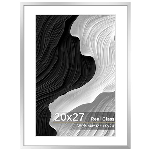 Tinkeps Puzzle Frame 20x27 Silver with Real Glass, Display Pictures 16x24 with Mat or 27x20 Without, 20 x 27 Aluminum Metal Poster Frame for Vertical or Horizontal Wall Hanging