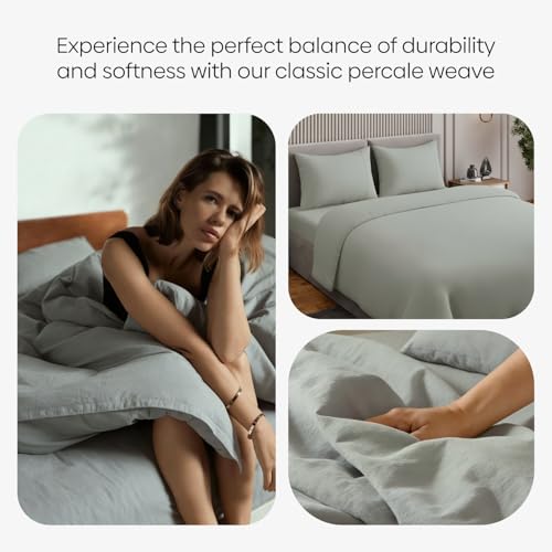 Image of Haus and Kinder Bedsheet King Size, 300 TC 100% Organic Cotton Percale Weave, Flat Bedsheet for King Size Bed with 2 Pillow Covers - Marrow Stitch Detaling (Coastal Calm, 108 * 108 Size)
