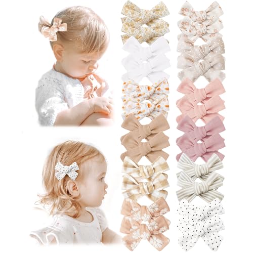 Niceye Baby Hair Clips - 24 Pcs Fully Lined Hair Bow Clips for Fine Hair Cotton Tiny Hair Barrettes for Infants, Toddlers, and Little Girls