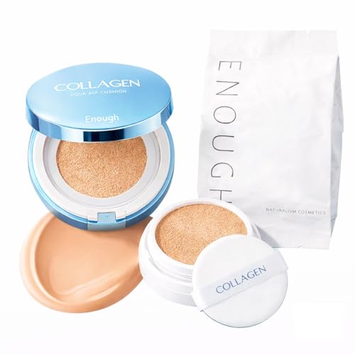 ENOUGH Collagen Aqua Air Cushion SPF 50, Full Coverage Hydrating Foundation Makeup, Tinted Moisturizer Sunscreen, Korean Skin Care Cosmetics for Women, Dewy Finish & Collagen Boost (#21 Natural glow)