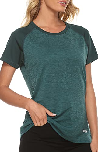 Mofiz Women's Athletic Short-Sleeved Running T-Shirts Lightweight Quick Dry Workout Training Yoga Crewneck Tops Dark Green M #TOP1
