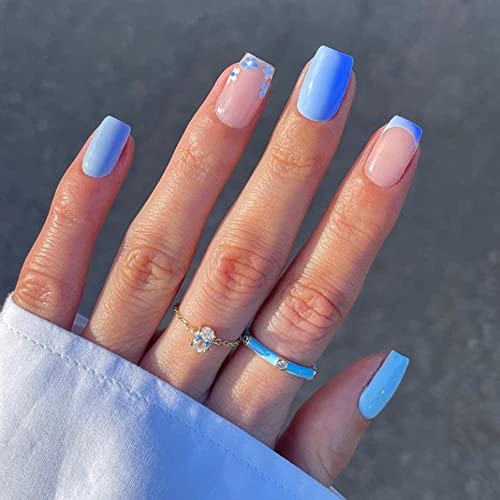 KXAMELIE Blue Press on Nails Short,Glossy Reusable Short Square Shape Fake Nails with Salon UV Finish Designed with Summ