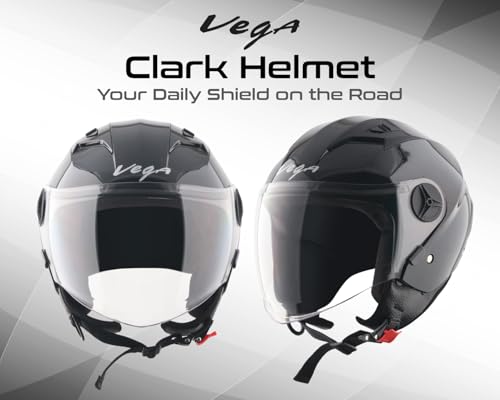 Image of Vega VO-05 Clark ISI Certified Open Face Motorcycle Helmet with High-Impact ABS Shell, Scratch-Resistant Visor, Comfortable Breathable Inner Padding & Secure Strap - Black - M
