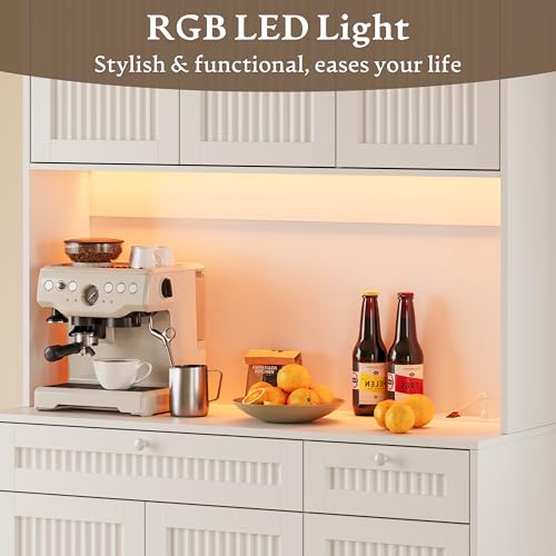 Image of BORNOON Pantry Cabinet with Charging Station and Light, Tall Kitchen Pantry Storage Cabinet with Microwave Stand, Wide Fluted Kitchen Hutch with Storage Drawers and Adjustable Shelves for Dining Room
