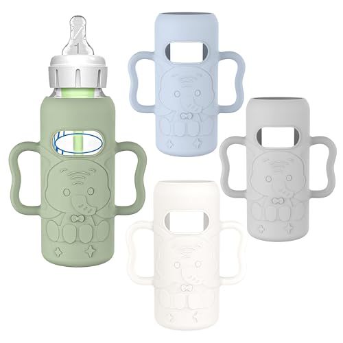 Image of KingKam 4 Pack Silicone Sleeves for Dr. Brown's Glass Baby Bottles, Drop Protection Bottle Sleeves with Handles, Compatible with Dr. Brown's Anti-Colic Options+ Narrow Glass Baby Bottles, 8 oz/250 mL