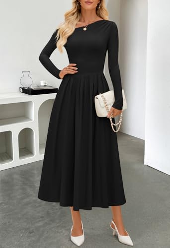MEROKEETY Women's Fall Long Sleeve Midi Maxi Dresses 2025 One Shoulder Elegant Formal Pleated Cocktail A Line Dress2