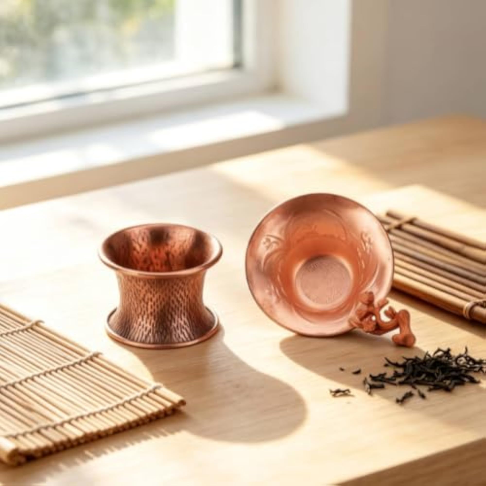 2 Pieces Hammered Copper Tea Strainer with Holder