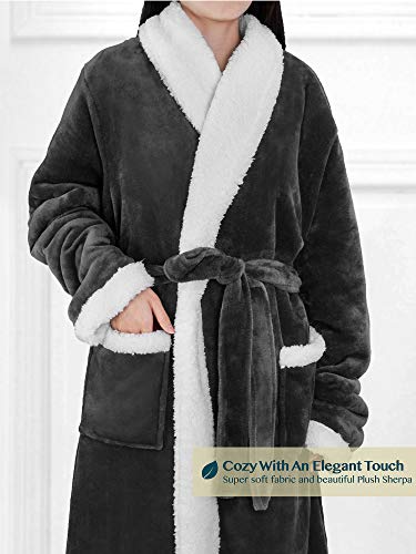 Image of PAVILIA Women's Plush Fleece Robe, Soft Cozy Long Bathrobe with Satin Waffle Trim, Warm Lightweight, Pockets & Tie Belt