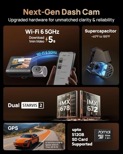 Image of 70mai 4K T800 3 Channel Dash Cam, Dash Cam Front and Rear Inside(2160P+1080P+1080P), STARVIS 2 IMX678 & IMX662, HDR Night Vision, WiFi 6, ADAS, Super-Capacitor, 24H Parking Mode, Upto 512GB Supported