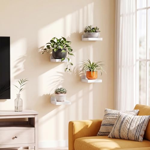 Image of Fixwal Small Floating Shelves for Wall Decor (5Inch, Wood, White, Set of 4) | Rustic wood shelf for displaying mini frames, plants, collectibles. Fits bedroom, living room, bathroom, kitchen, or office.