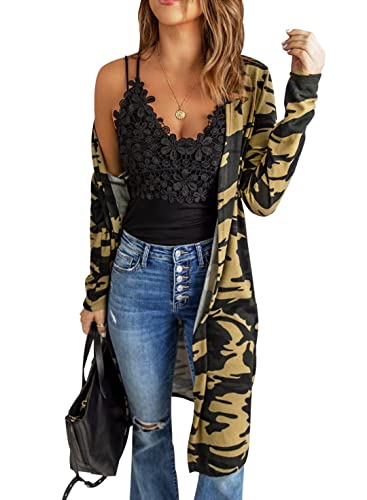 Dokotoo Womens Ladies Fashion Camouflage Printed Chunky Open Front Knitted Long Sleeve Loose High Low Cardigans Sweaters Coats Outerwears Thin Long Cardigans Sweaters, No Button No Pocket Medium