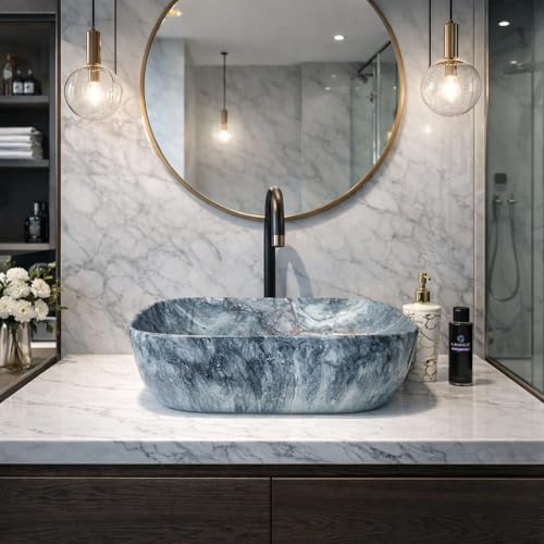 Image of Ceramic Tabletop Wash Basin - Glossy Rectangular Countertop Vessel Sink with Marble Finish for Bathroom & Vanity | Compact 18 x 13 x 5 Inch | Elegant Washbasin