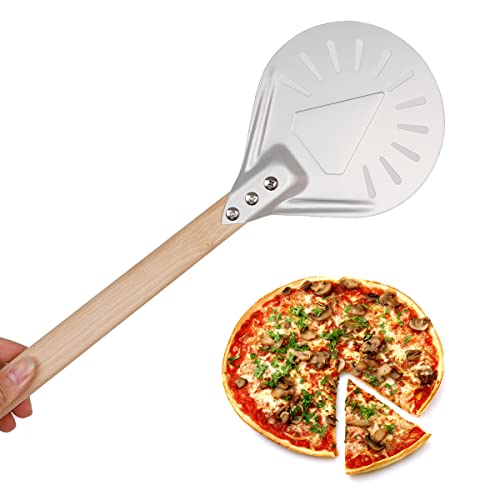 Pala de Pizza Perforada 7 Pulgadas, Pizzas Paleta Perforada de Aluminio Anodizado Duro con Mango Retirable, para Hornear Pizza Casera(23,6" total/redondo) Cover