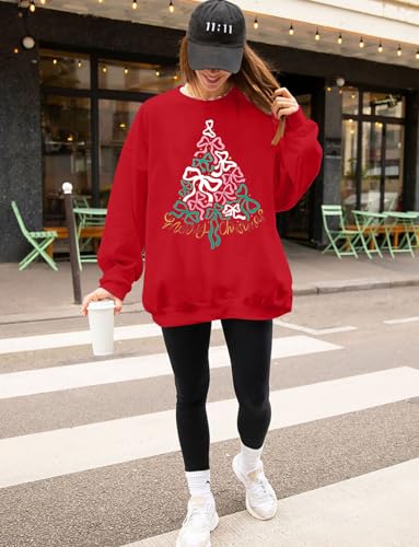 QLIPIN Christmas Sweatshirt Women Merry Christmas Bow Sweater Christmas Tree Shirt Oversized Holiday Ugly Sweaters - Image 5