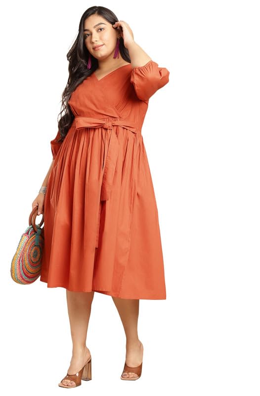 Image of Janasya Women's Pure Cotton Solid A-Line Below The Knee Dress