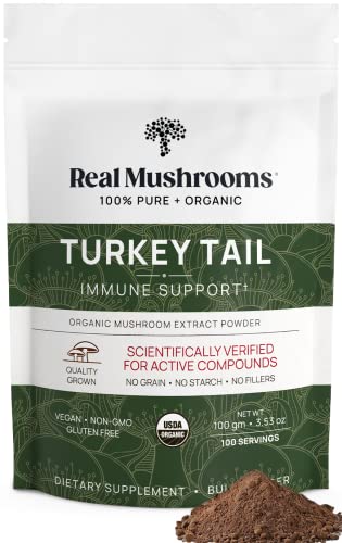 Real Mushrooms Turkey Tail Powder - Organic Mushroom Supplement with Potent Extract for Gut, Energy, Brain, Immune Support Vegan Powder, Non-GMO, 100 Servings