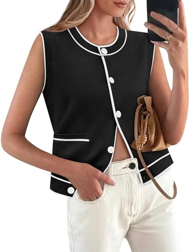 Image of Yousify Womens Knit Tank Tops 2025 Summer Sleeveless Sweater Vest Round Neck Button Down Casual Cardigan with Pockets