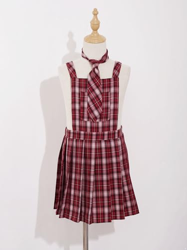 JEATHA Kids Girls School Uniform Jumper Plaid Overalls Dresses Summer Sleeveless Pleated Dress with Tie3