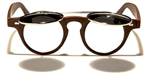 Dweebzilla Faux Wood Frame Round Flip Up Sunglasses2
