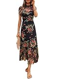 GothDark Women's Summer Floral Mesh Ruffle Dress Short Sleeve Round Neck Waist Cinched Casual Maxi Wedding Guest Dresses