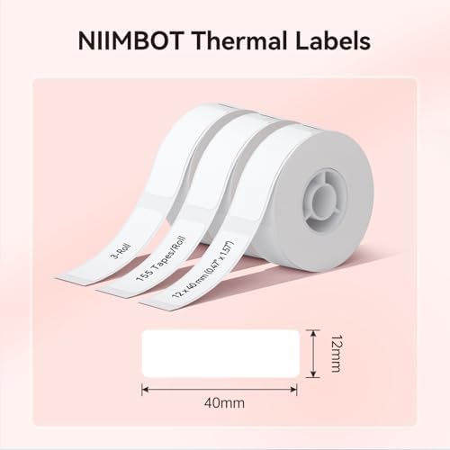 NIIMBOT Label Maker Tape D11/D110/D101, 12 x 40mm, 160 Sheets/Roll, 3 Rolls, Thermal Label Tape for Home and Office, White - 1
