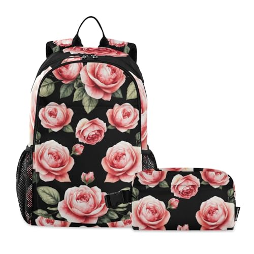 Backpack Watercolor Roses Black for School Boys Girls and Teens, Backpack for Men and Women, Lightweight Bookbag with Lunch Box Travel Laptop Daypack 18.5 x 11.8 In
