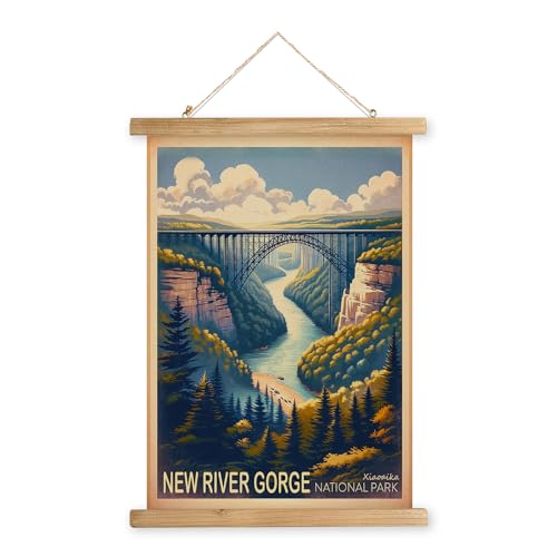XIAOAIKA Vintage New River Gorge National Park Travel Poster with Wooden Scroll Frame – Holiday Decoration or Gift for Living Room, Bedroom, Office Wall Decor, Retro Art Print 20 x 30 Inches