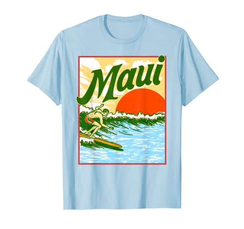 Maui Vintage Hawaii Retro Surfer Ocean Surfing Beach Waves Camiseta