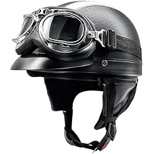Leather Open Face Helmet, 3/4 Vintage Pilot Half Helmet with Goggles, DOT Approved Motorbike Half Shell Helmet for Men and Women Adult, Windproof Motorcycle Scooter Helmet