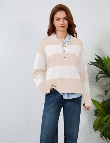 Image of Womens Striped Sweater Rugby Polo Shirts Y2k Collar Pullover Tops | Rugby Shirt,Long Sleeve Knit Top,Lapel V Neck Jumper,Oversized,Casual Outings Streetwear,Preppy Sweater,Fall Winter Clothes