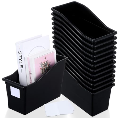 12 Pack Large Book Bins, Durable Magazine Organizer File Holder High-Quality Plastic Book Storage Bins with Labels for Classroom Library, Office, Desktop Organization, Bookshelf Categorization (Black)