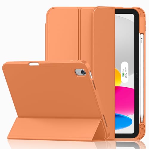 iMieet Case for iPad (A16)/iPad 10th Generation [11-Inch 2025/10.9 Inch 2022], Trifold Stand Smart Cover with Pencil Holder and Soft TPU Back, Supports Touch ID(Orange)