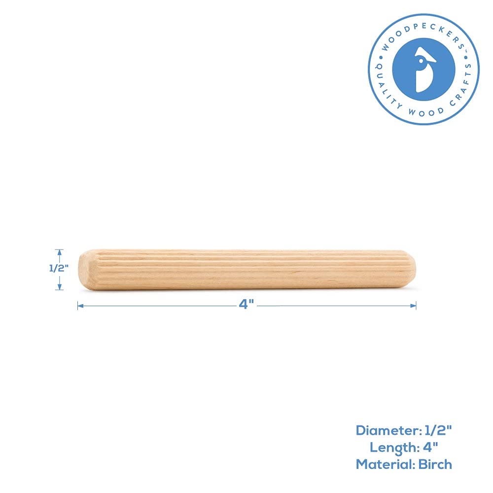 Wooden Dowel Pins 1/2 inch x 4 inch, Pack of 50 Spiral Dowel Joints for Woodworking, Furniture and Crafts, by Woodpeckers Wooden Dowel Pins 1/2 inch x 4 inch, Pack of 50 Spiral Dowel Joints for Woodworking, Furniture and Crafts, by Woodpeckers
