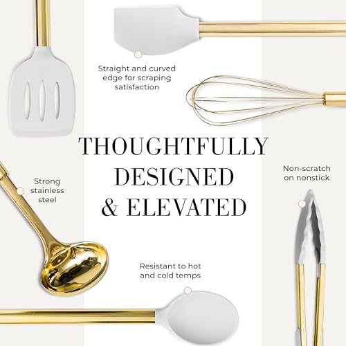 White Silicone and Gold Cooking Utensils Set with Gold Utensil Holder - 7-Piece Silicone Cooking Tools - Ideal for Nonstick Cookware and Stylish Modern Kitchens - Luxury Kitchen Accessories.