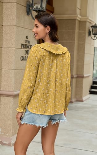 ECOWISH Women's Long Sleeve Shirts - Peter Pan Collar Button Down Blouse Dressy Casual Puff Cotton Elegant Fall Tops 3461 Yellow Medium - image 7