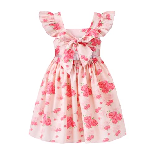 Image of Girls Floral Dress Square Neck Ruffle Sleeve Bow Back Twirl Cotton Dress