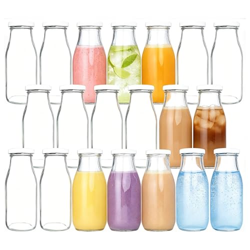 QAPPDA 12 oz Glass Bottles, Glass Milk Bottles with Lids, Vintage Breakfast Shake Container, Vintage Drinking Bottle with Chalkboard Labels and Pen for Party,Kids,Set of 20