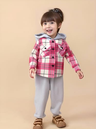 Image of Girls Outfits 2Pcs Pink Long Sleeve Hooded Plaid Shirts & Light Gray Pants Clothing 1-5 Years