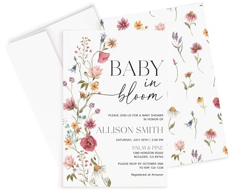All Ewired Up Baby Shower Invitations with Envelopes and Diaper Raffle Tickets and Baby Book Cards, Boho Wildflower Gender Reveal Party Baby Shower Activities Supplies, Personalized