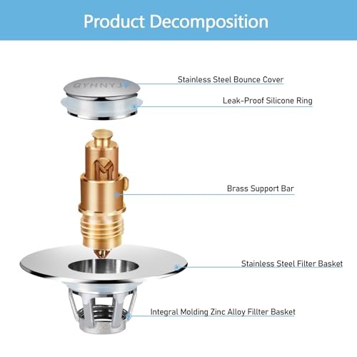 Image of QYHNYJF Bathroom Sink Stopper with Hair Catcher - Universal Pop-Up Drain Strainer for 1.1-1.5 inch US Standard Sink Drain Holes, Includes 3 Sets of Silicone Gaskets