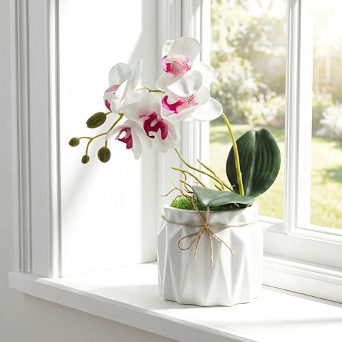 Image of Dekorly Artificial Lavender Plant in White Pot, 18cm - Realistic Faux Flower Arrangement for Home & Office Decor (Set of 1) (1, White Orchid)