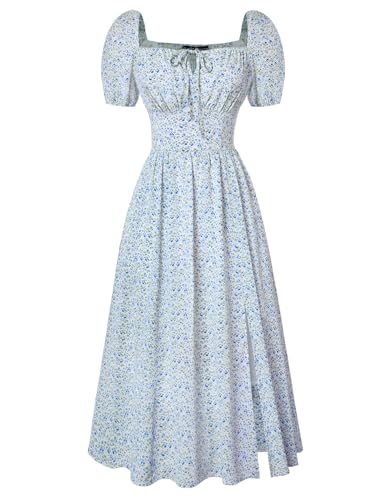 Image of Scarlet Darkness Women's Floral Corset Dress with Split 2026 Summer Spring Square Neck Midi Milkmaid Dresses Green Blue Floral S